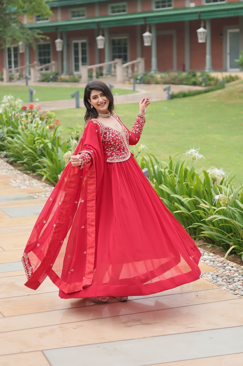 Red  Faux Blooming With Sequins-Multi & Zari Embroidered Work