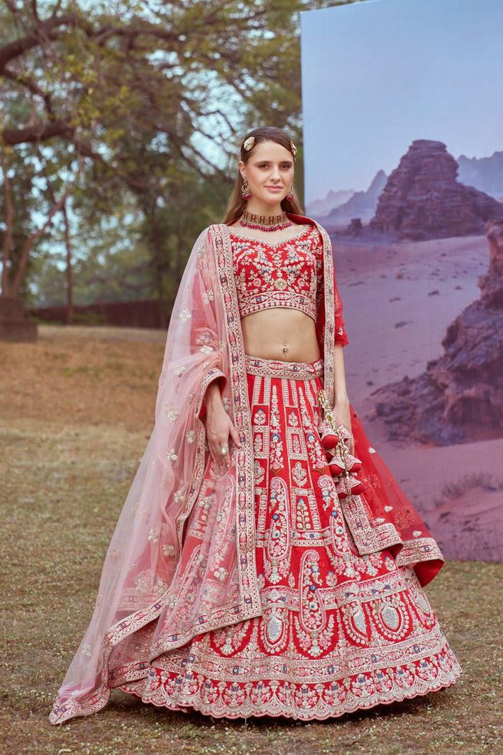 Red Pure silk Moti, Sequins embroidery Semi-Stitched Bridel Lehenga choli & Dupatta