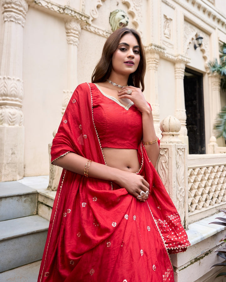 Red Pure Chanderi Plain With Zari Weaving Work Border Lehenga