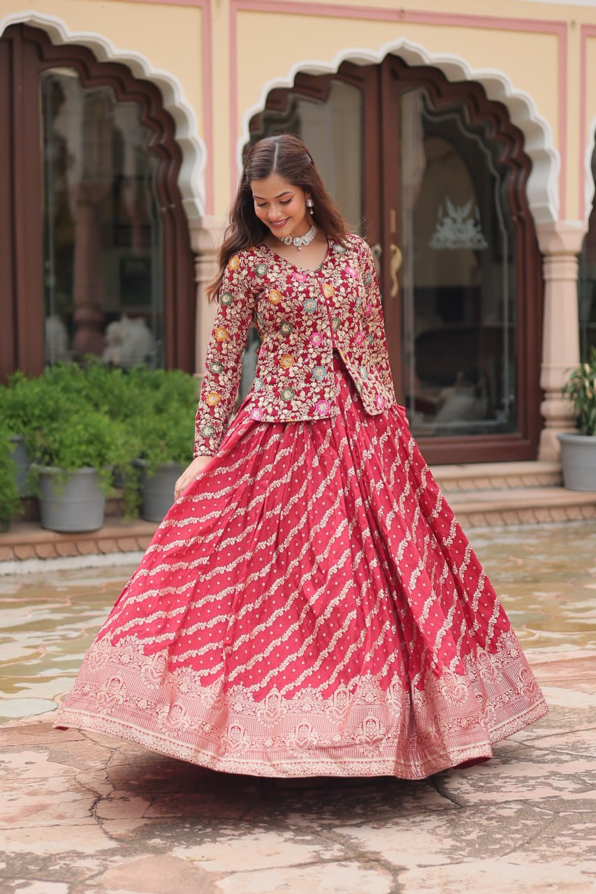 Red Pure Dayble Viscose Jequard Standard Stitching With Can-can and Canvas Patta Lehenga