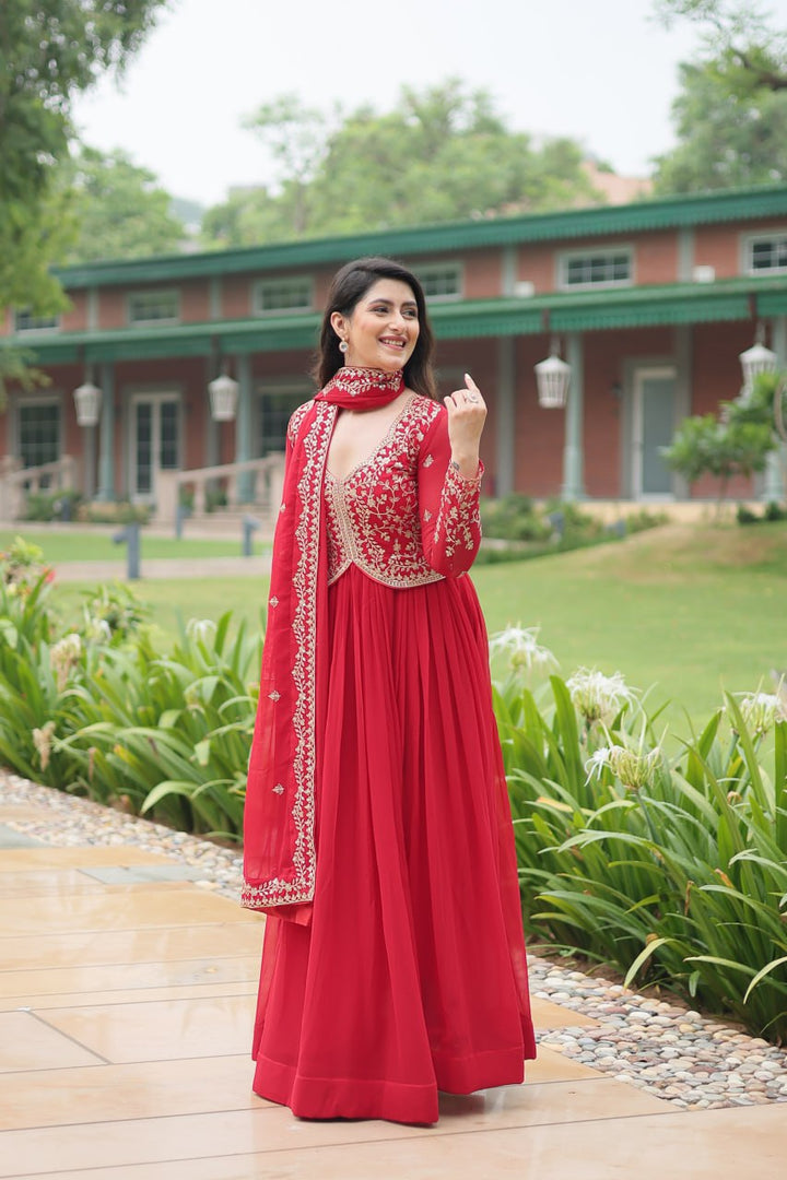 Red  Faux Blooming With Sequins-Multi & Zari Embroidered Work