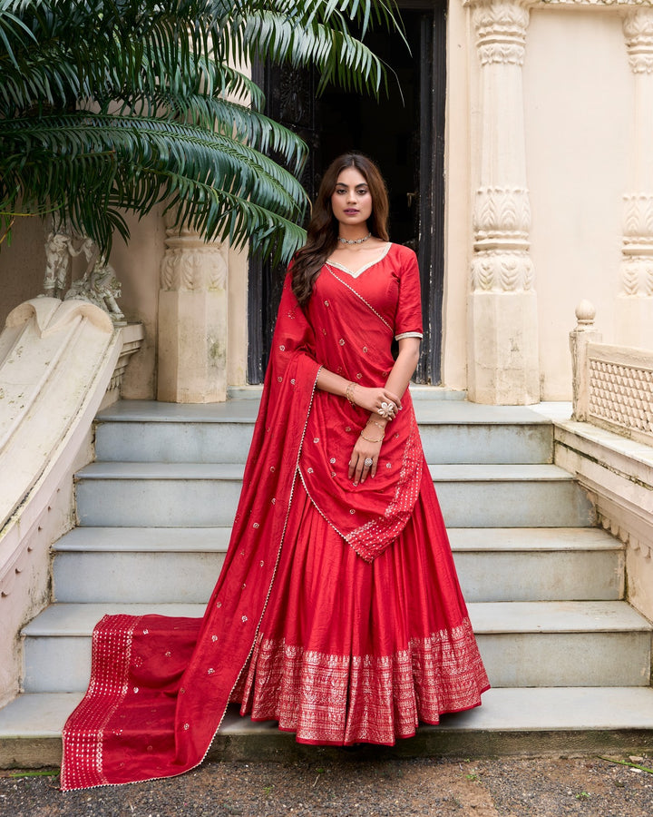 Red Pure Chanderi Plain With Zari Weaving Work Border Lehenga