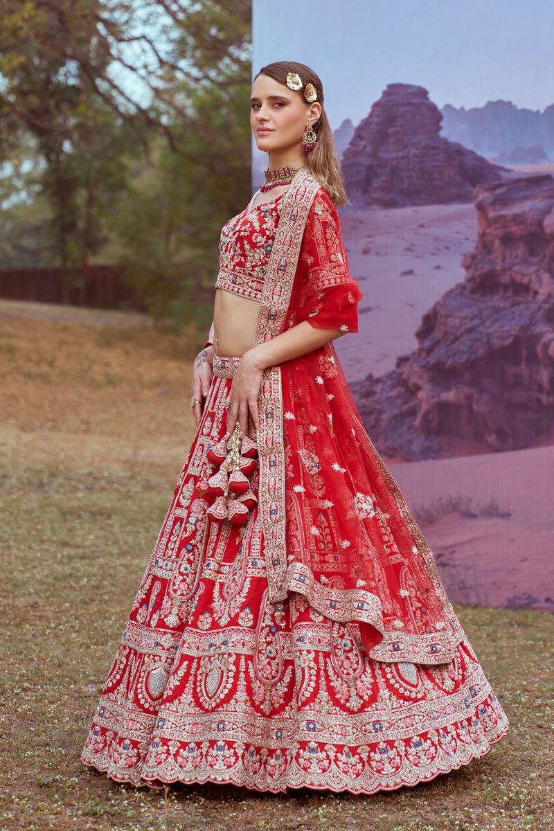 Red Pure silk Moti, Sequins embroidery Semi-Stitched Bridel Lehenga choli & Dupatta