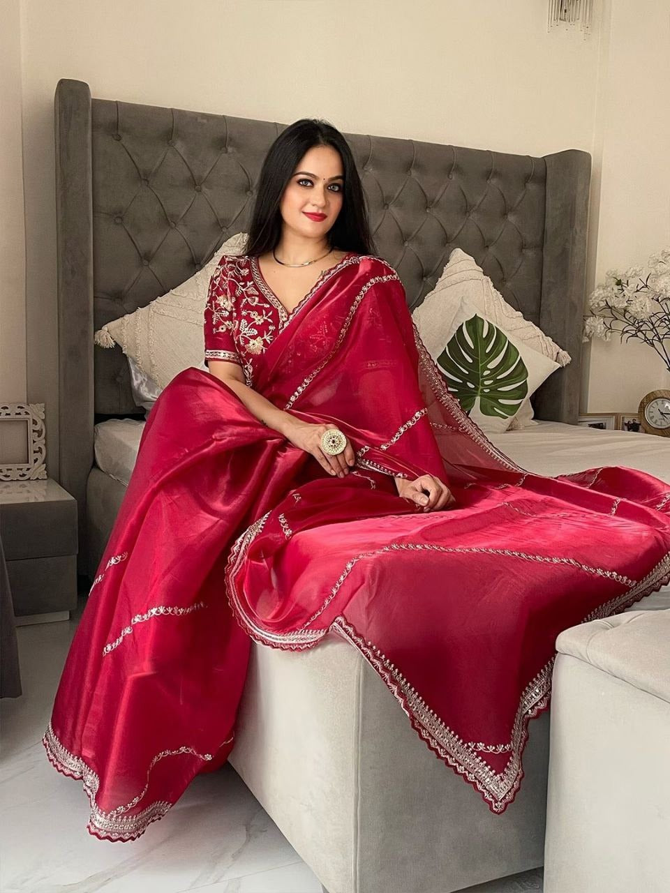 Soft Zimmy Choo Silk Designer Embroidery Work Saree In Red Color