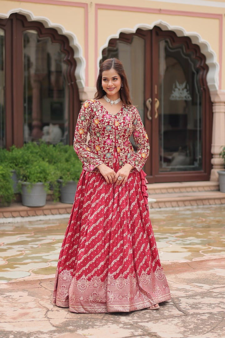 Red Pure Dayble Viscose Jequard Standard Stitching With Can-can and Canvas Patta Lehenga