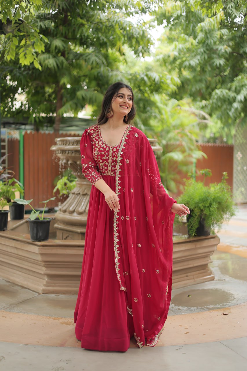 Pink Sequins Embroidered Faux Blooming Gown