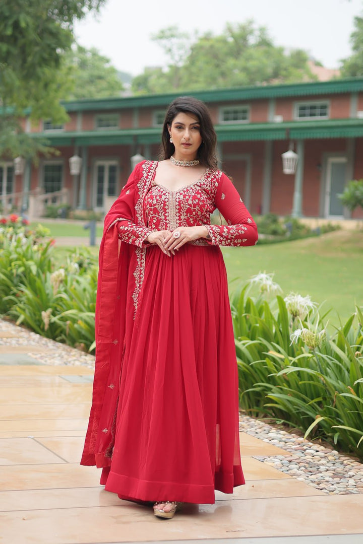 Red  Faux Blooming With Sequins-Multi & Zari Embroidered Work