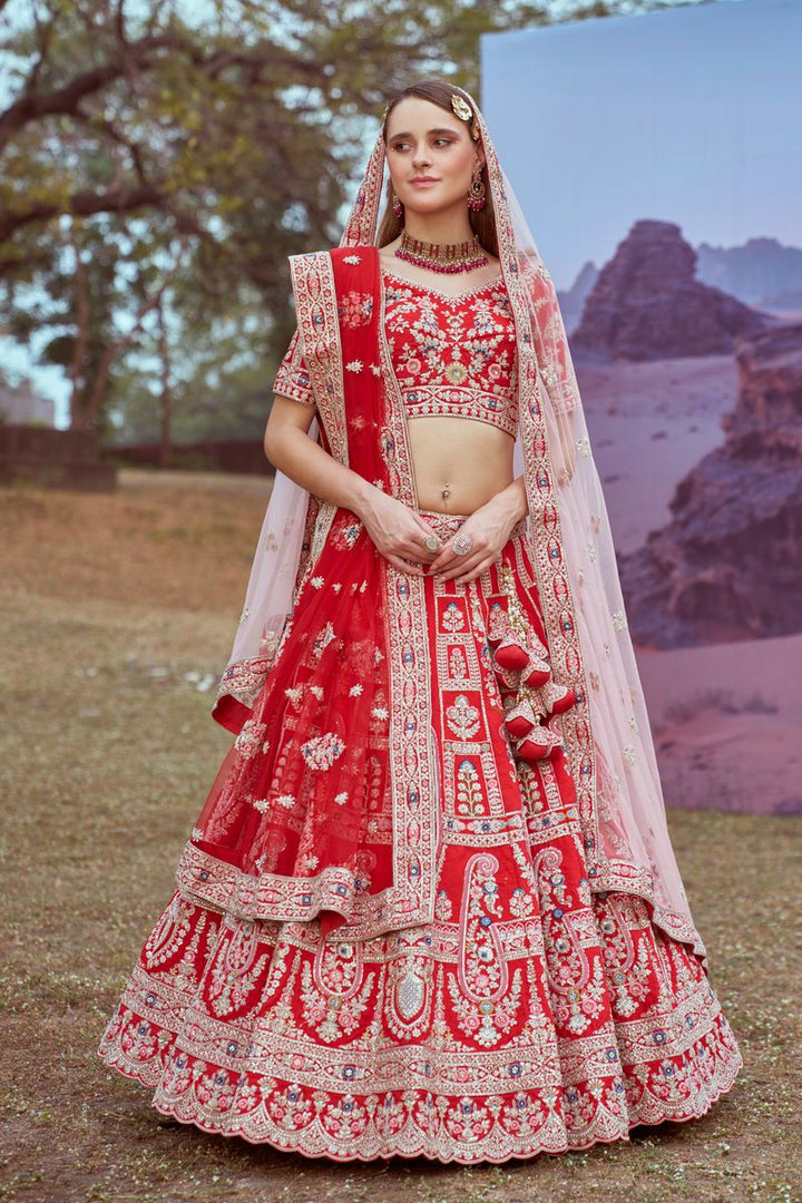 Red Pure silk Moti, Sequins embroidery Semi-Stitched Bridel Lehenga choli & Dupatta