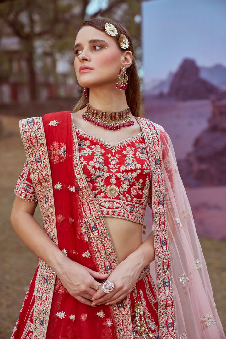 Red Pure silk Moti, Sequins embroidery Semi-Stitched Bridel Lehenga choli & Dupatta