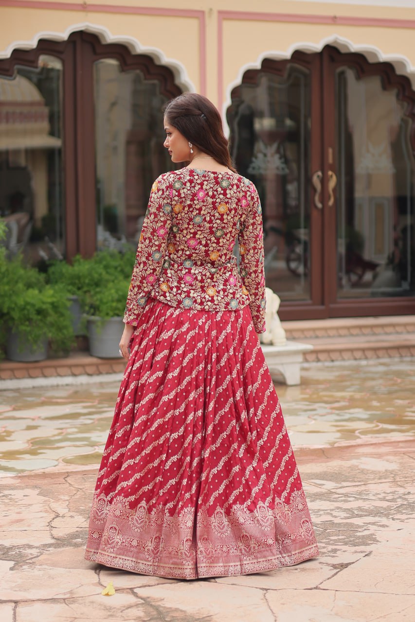 Red Pure Dayble Viscose Jequard Standard Stitching With Can-can and Canvas Patta Lehenga