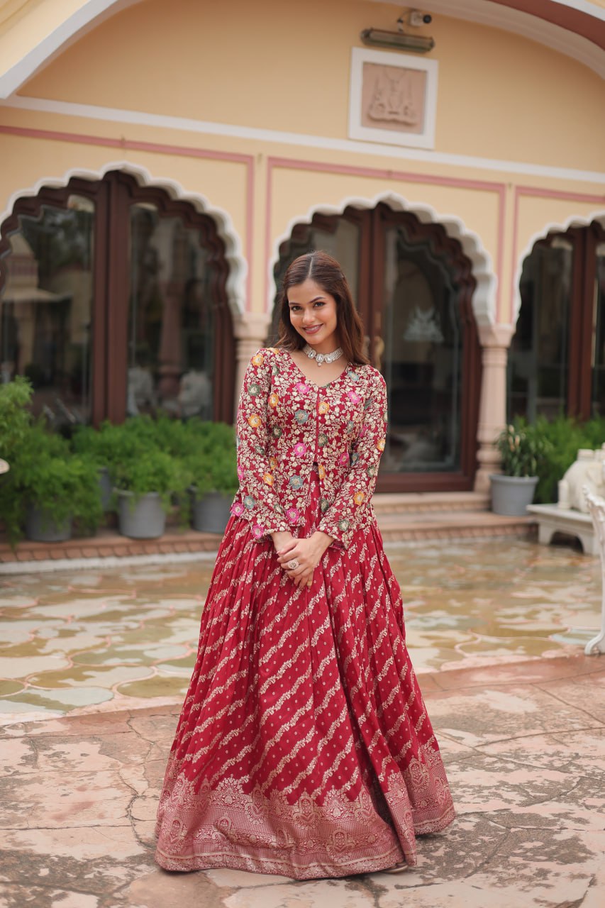 Red Pure Dayble Viscose Jequard Standard Stitching With Can-can and Canvas Patta Lehenga