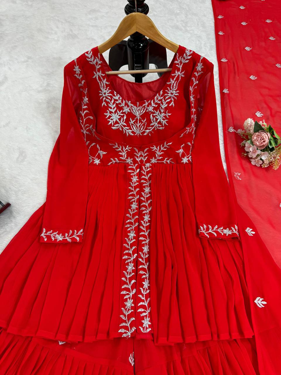  Stunning red outfit with inner lining and intricate design 