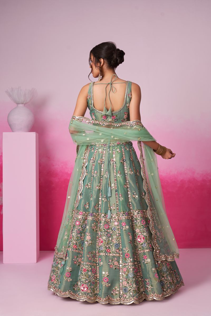 Sea green Bridel Net Moti, Sequins embroidery Semi-Stitched Bridel Lehenga choli & Dupatta, perfect for traditional wedding attire