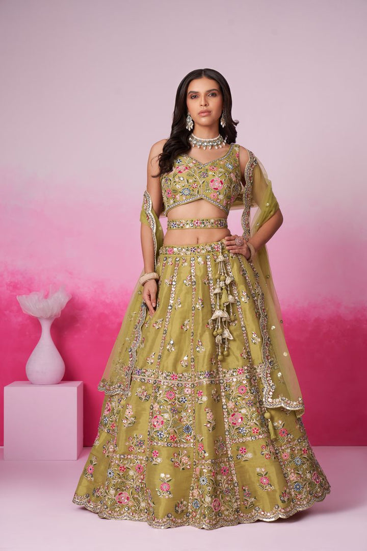 Mustard Bridel Net Moti, Sequins embroidery Semi-Stitched Bridel Lehenga choli & Dupatta