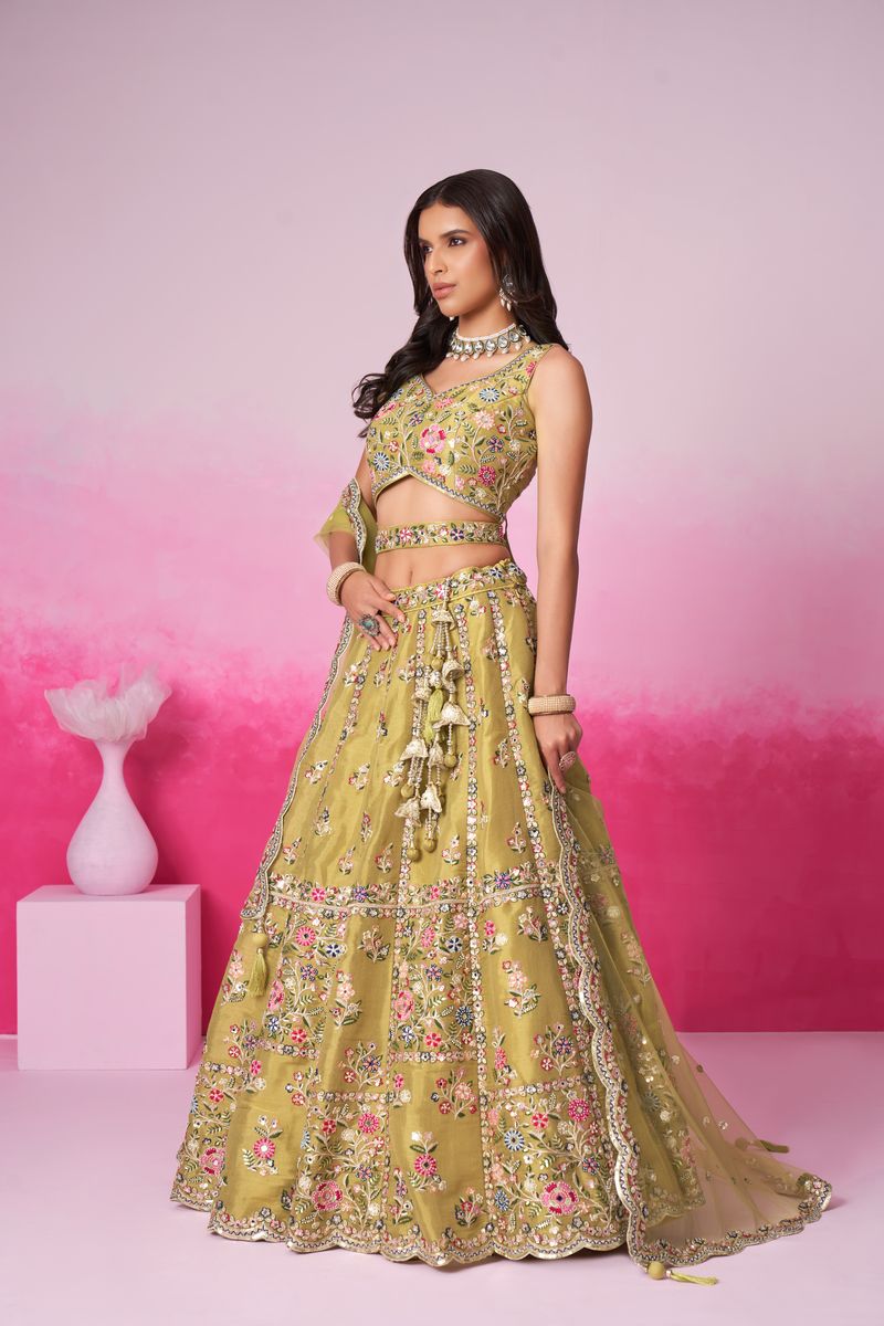 Mustard Bridel Net Moti, Sequins embroidery Semi-Stitched Bridel Lehenga choli & Dupatta