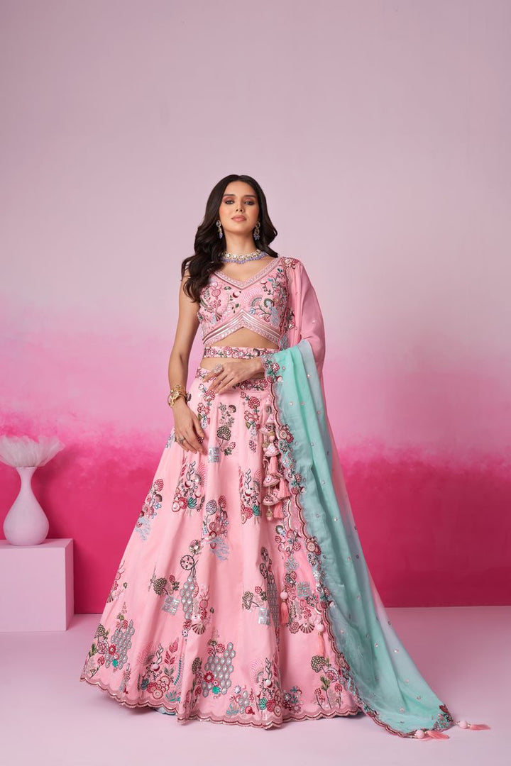 Pink Pure Silk Zarkan, Mirror & heavy Sequin embroidery Semi-Stitched Lehenga choli & Dupatta