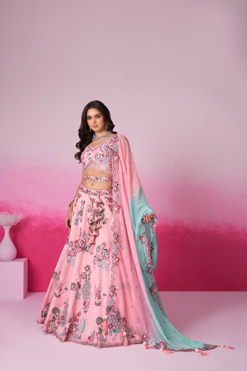 Pink outlet Silk Lehenga Choli, Digital Print With Real Mirror Hand Work Choli, Real Mirror Work & Lace Border Work Dupatta For Indian Bridal Wear