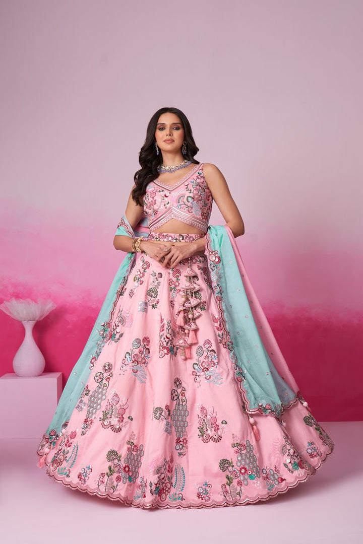 Embroidered Pink Pure Silk Zarkan Lehenga Choli with Dupatta