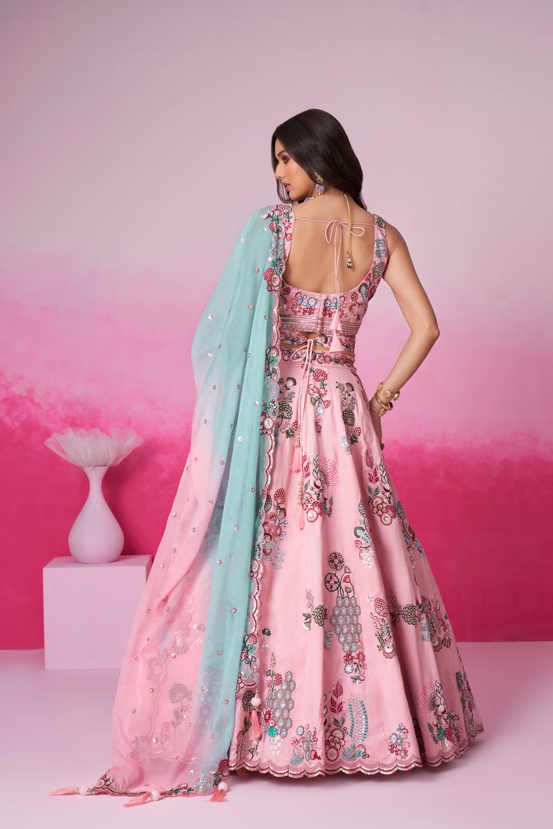 Pink Pure Silk Zarkan, Mirror & heavy Sequin embroidery Semi-Stitched Lehenga choli & Dupatta