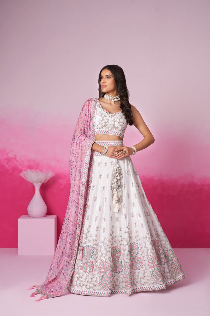 Cream Pure Chiffon Sequins and thread embroidery Semi-Stitched Lehenga choli & Dupatta