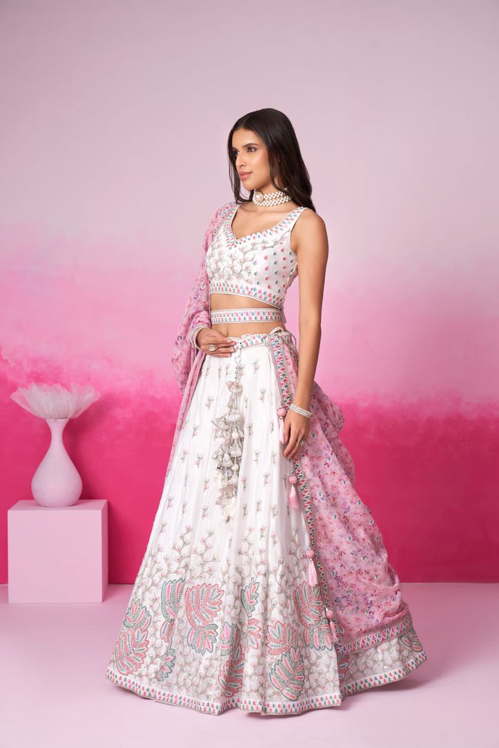 Cream Pure Chiffon Sequins and thread embroidery Semi-Stitched Lehenga choli & Dupatta