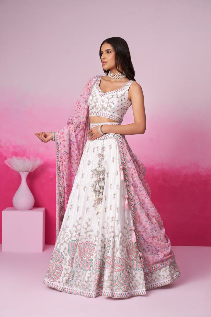 Cream Pure Chiffon Sequins and thread embroidery Semi-Stitched Lehenga choli & Dupatta