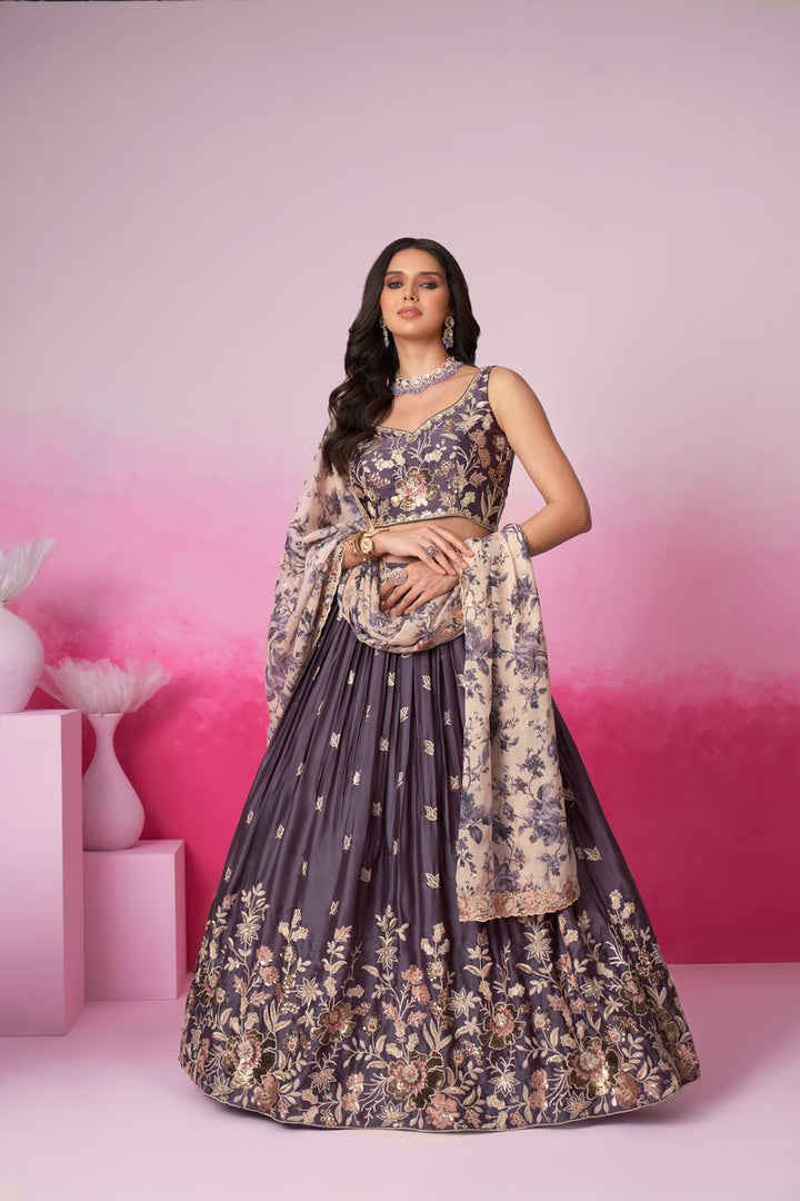 Purple Satin silk Sequins embroidery Semi-Stitched Lehenga choli & Dupatta