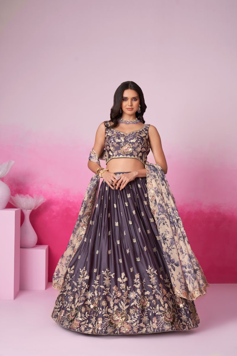 Purple Satin silk Sequins embroidery Semi-Stitched Lehenga choli & Dupatta