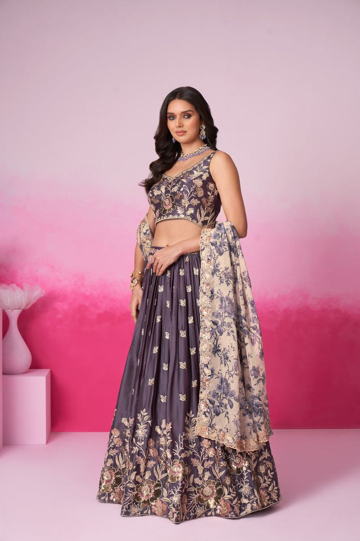 Purple Satin silk Sequins embroidery Semi-Stitched Lehenga choli & Dupatta