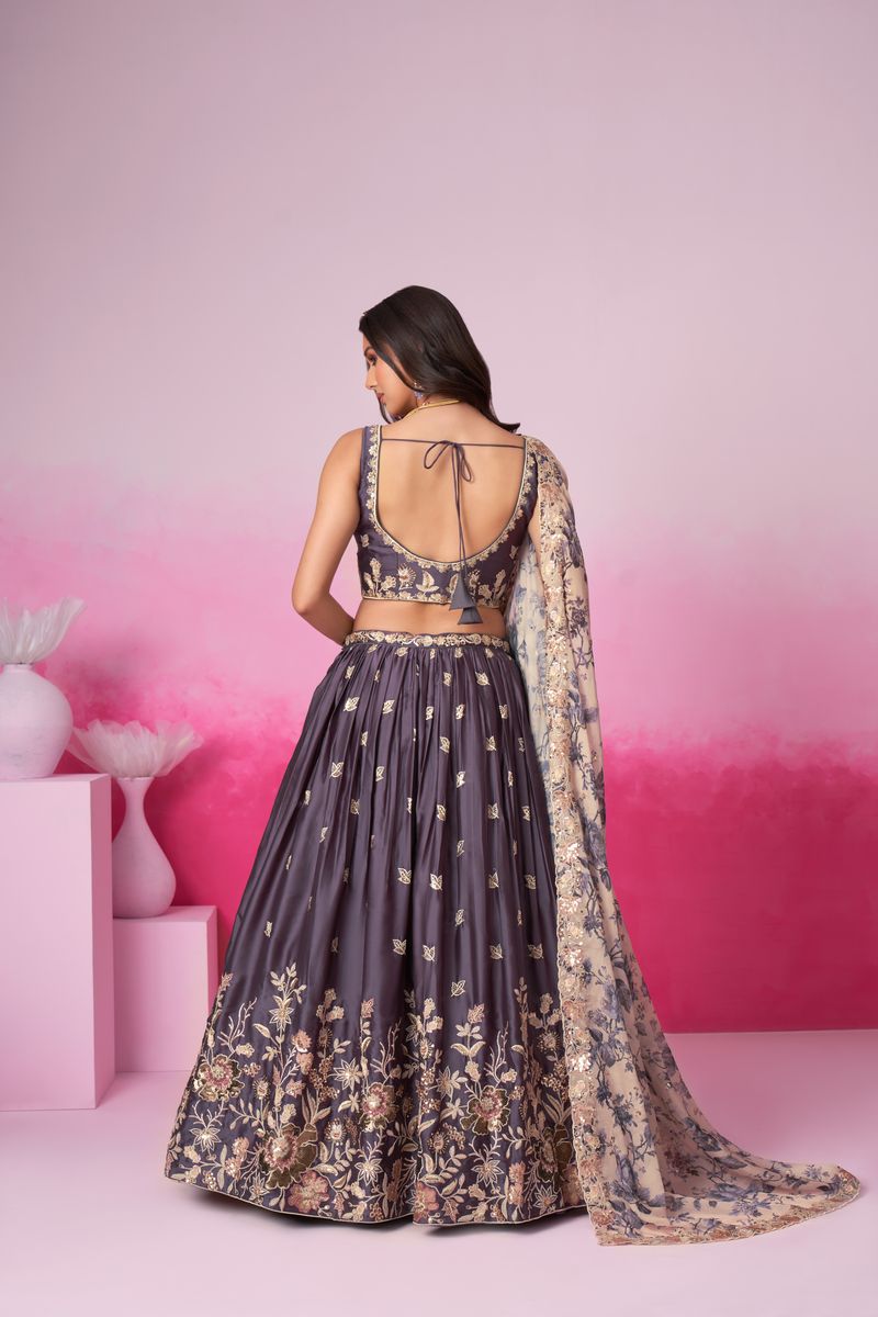 Purple Satin silk Sequins embroidery Semi-Stitched Lehenga choli & Dupatta