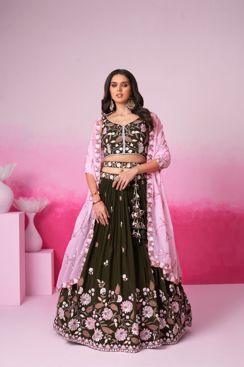 Olive - Double color Sequin,Thead & Coding Pure Organza Semi-Stitched Lehenga Choli