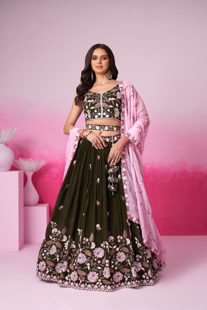 Double color sequin and thread work on olive organza lehenga choli