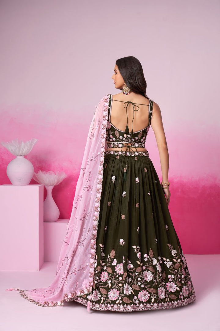 Olive - Double color Sequin,Thead & Coding Pure Organza Semi-Stitched Lehenga Choli