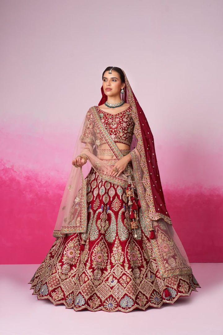 Red bridal semi-stitched lehenga with double dupatta, fully embroidered using moti, sequin & multicolor thread, made of pure silk