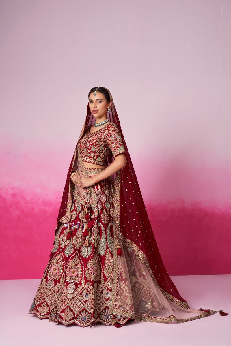 Red bridal semi-stitched lehenga with intricate embroidery and double dupatta