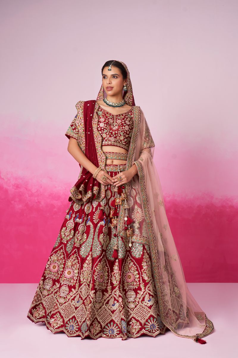 Red - Pure Silk Fully Embroidered Using Moti,Sequin & Multicolor Thread Bridal Semi Stitched Lehenga with Double Dupatta