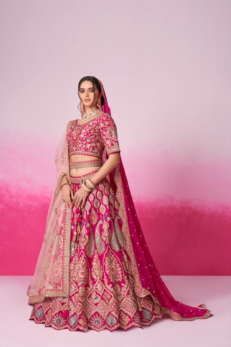 Pink - Pure Silk Fully Embroidered Using Moti,Sequin & Multicolor Thread Bridal Semi Stitched Lehenga with Double Dupatta