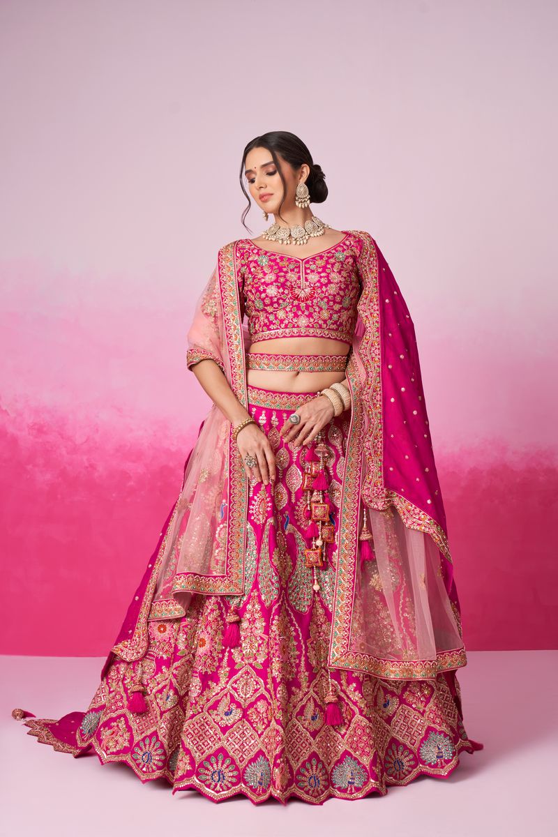 Pink - Pure Silk Fully Embroidered Using Moti,Sequin & Multicolor Thread Bridal Semi Stitched Lehenga with Double Dupatta