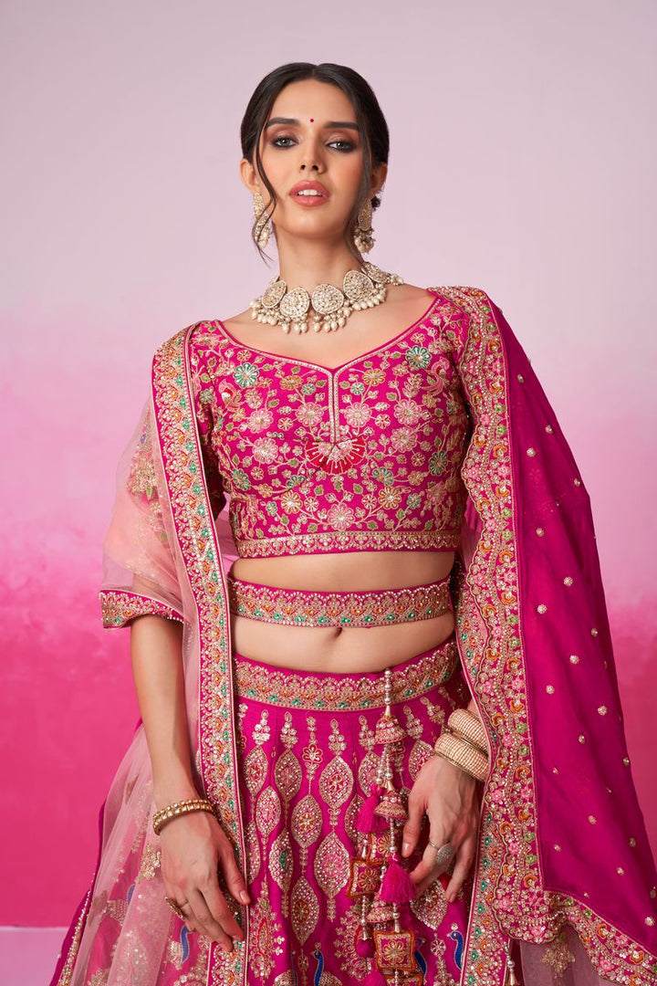 Pink - Pure Silk Fully Embroidered Using Moti,Sequin & Multicolor Thread Bridal Semi Stitched Lehenga with Double Dupatta