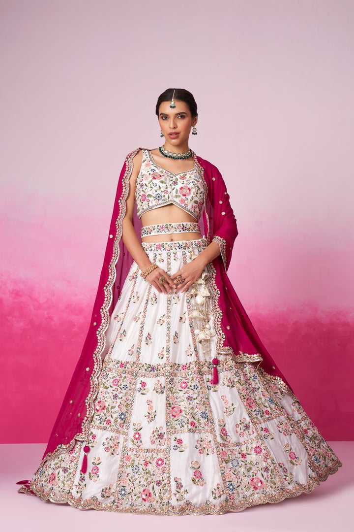 White Pure Georgette Sequins, Moti, Mirror and Thread Embroidered Semi-Stitched Lehenga