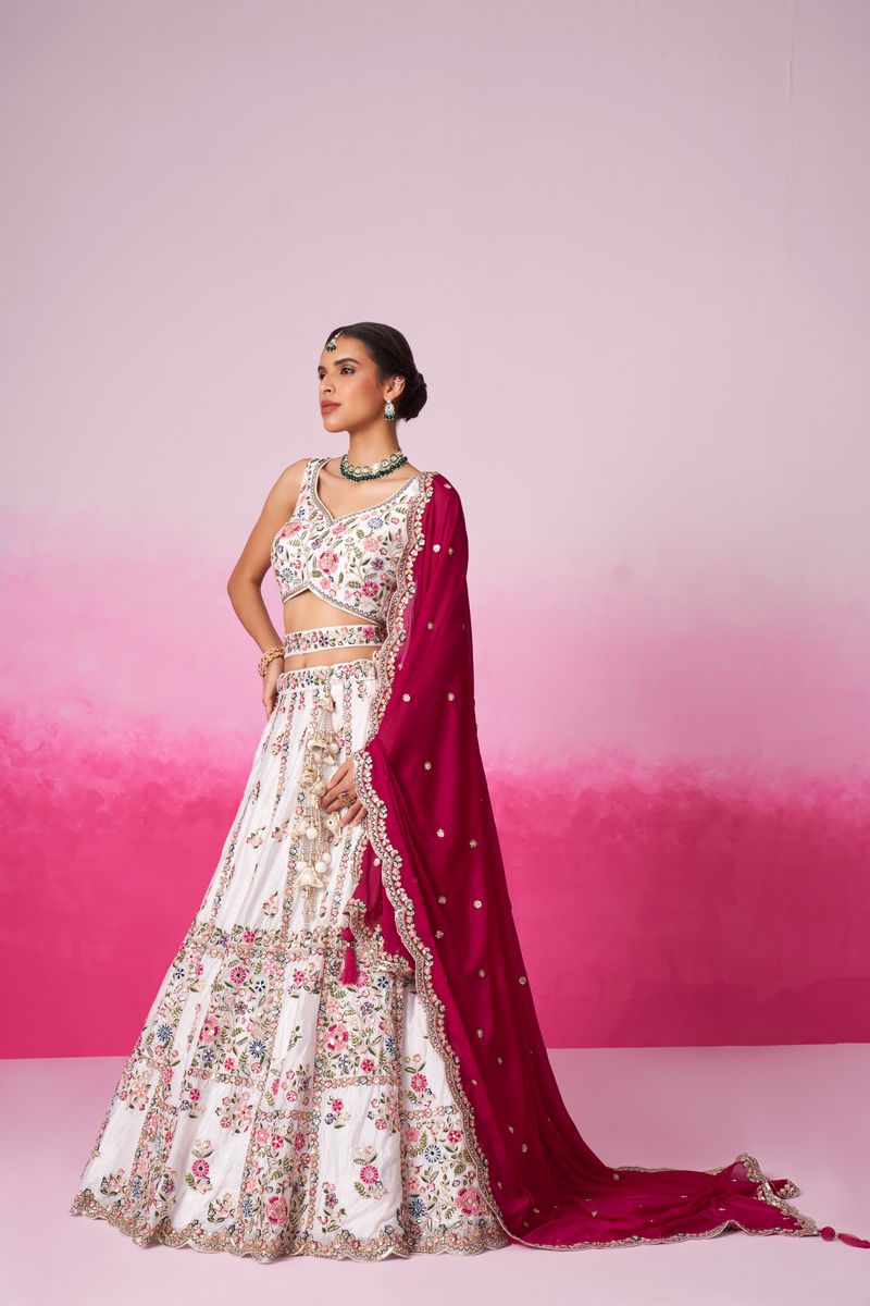 White Pure Georgette Sequins, Moti, Mirror and Thread Embroidered Semi-Stitched Lehenga