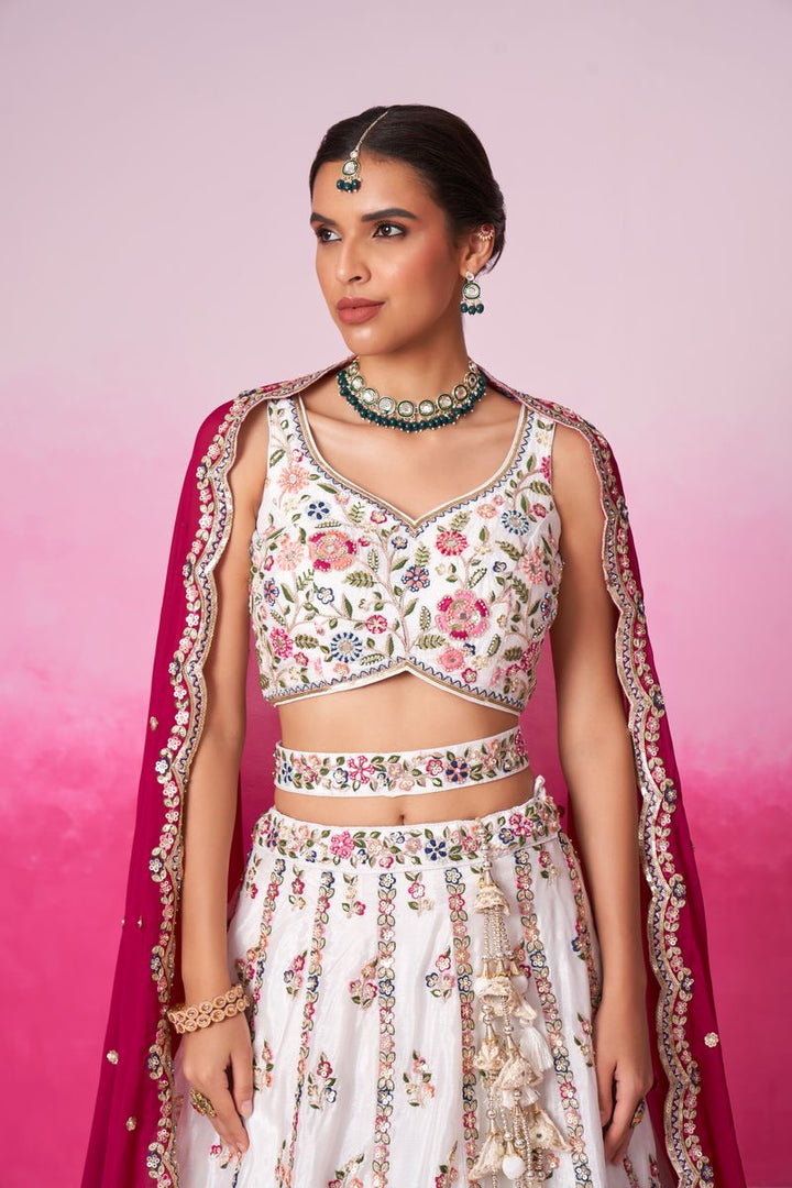 White Pure Georgette Sequins, Moti, Mirror and Thread Embroidered Semi-Stitched Lehenga