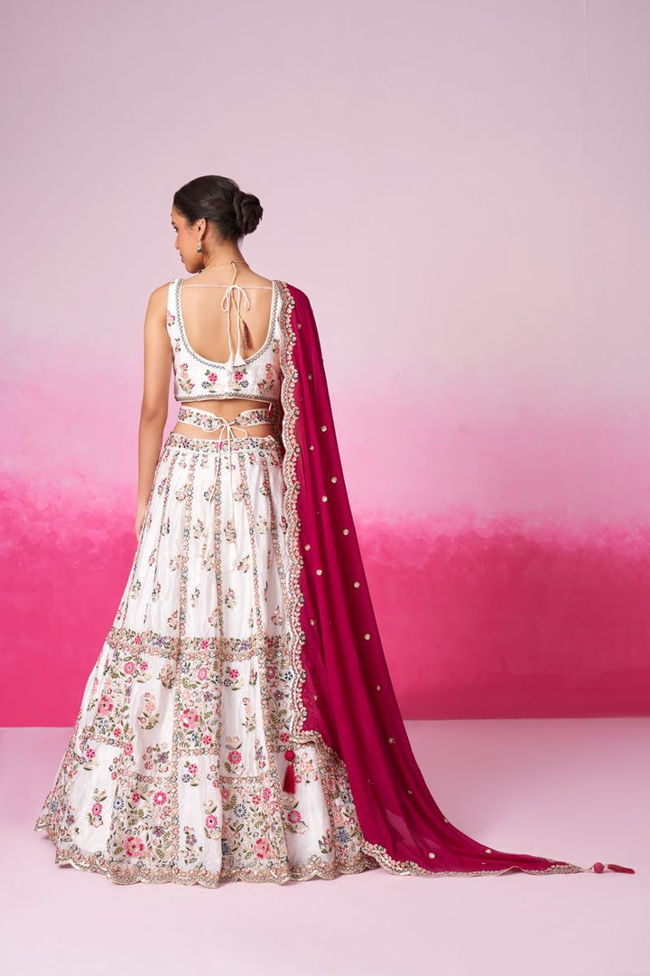 White Pure Georgette Sequins, Moti, Mirror and Thread Embroidered Semi-Stitched Lehenga