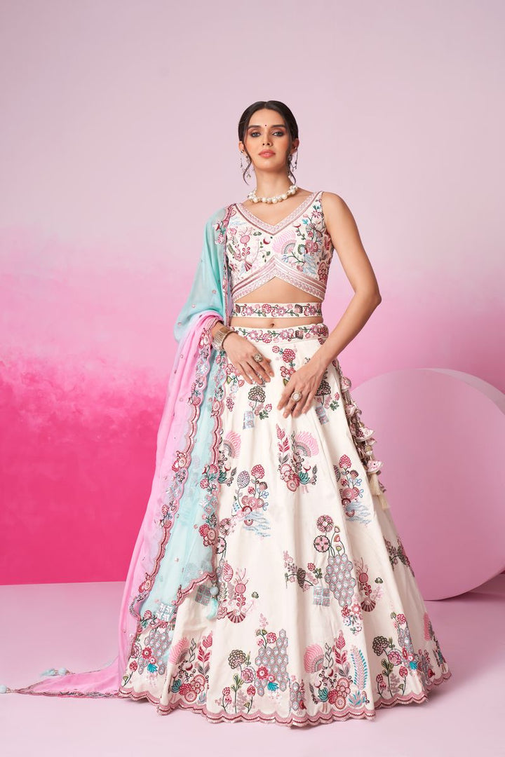 Cream Pure Silk Zarkan, Mirror & heavy Sequin embroidery Semi-Stitched Lehenga choli & Dupatta