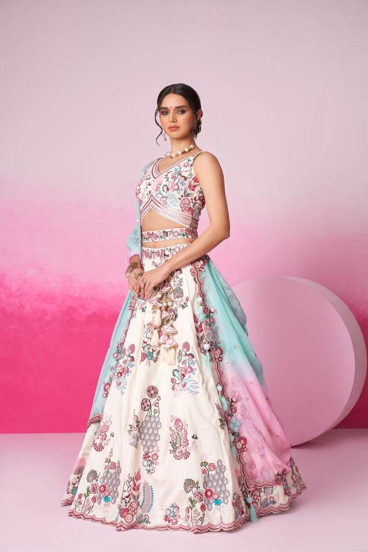 Cream Pure Silk Zarkan, Mirror & heavy Sequin embroidery Semi-Stitched Lehenga choli & Dupatta