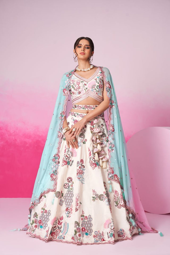 Cream Pure Silk Zarkan, Mirror & heavy Sequin embroidery Semi-Stitched Lehenga choli & Dupatta