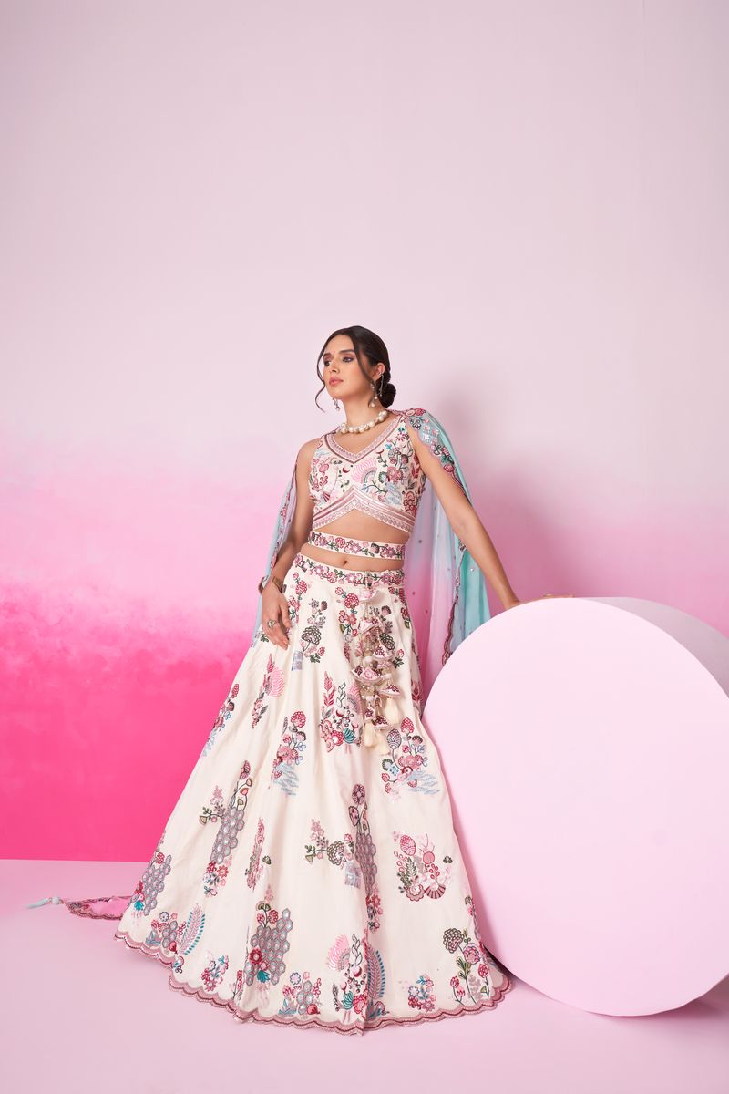 Cream Pure Silk Zarkan, Mirror & heavy Sequin embroidery Semi-Stitched Lehenga choli & Dupatta