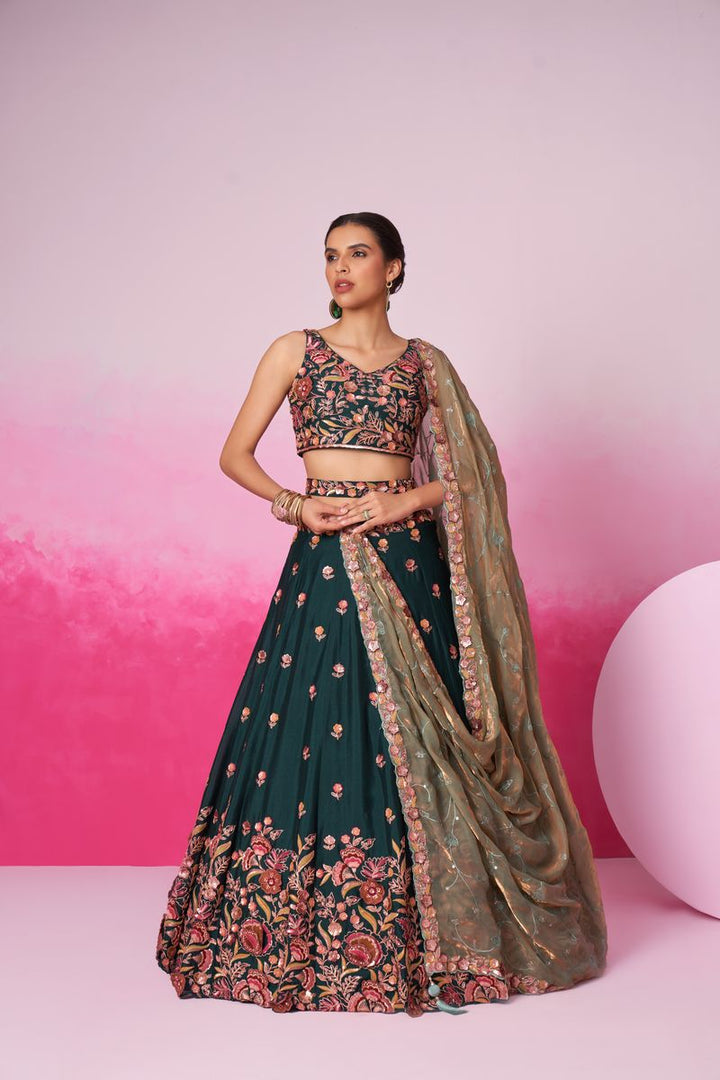 Green colour Chiffon Sequins embroidery Semi-Stitched Lehenga choli & Dupatta