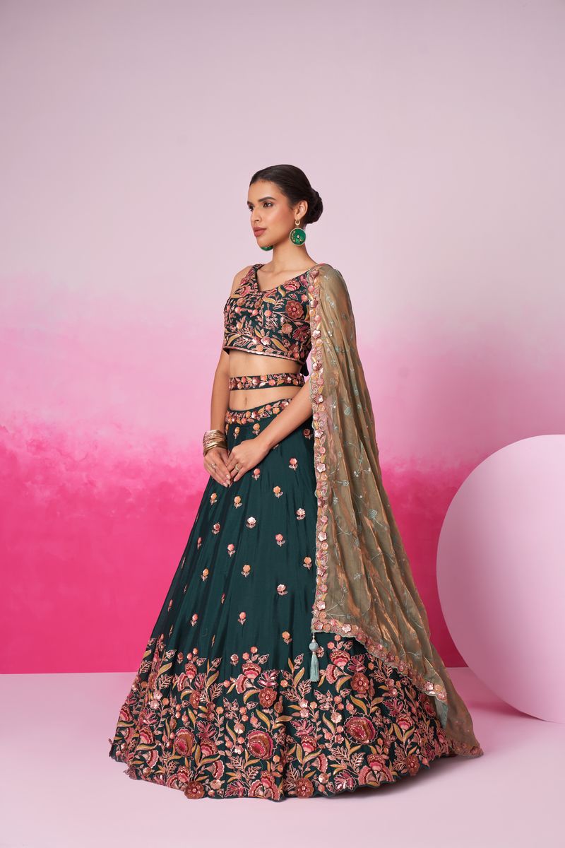 Green colour Chiffon Sequins embroidery Semi-Stitched Lehenga choli & Dupatta