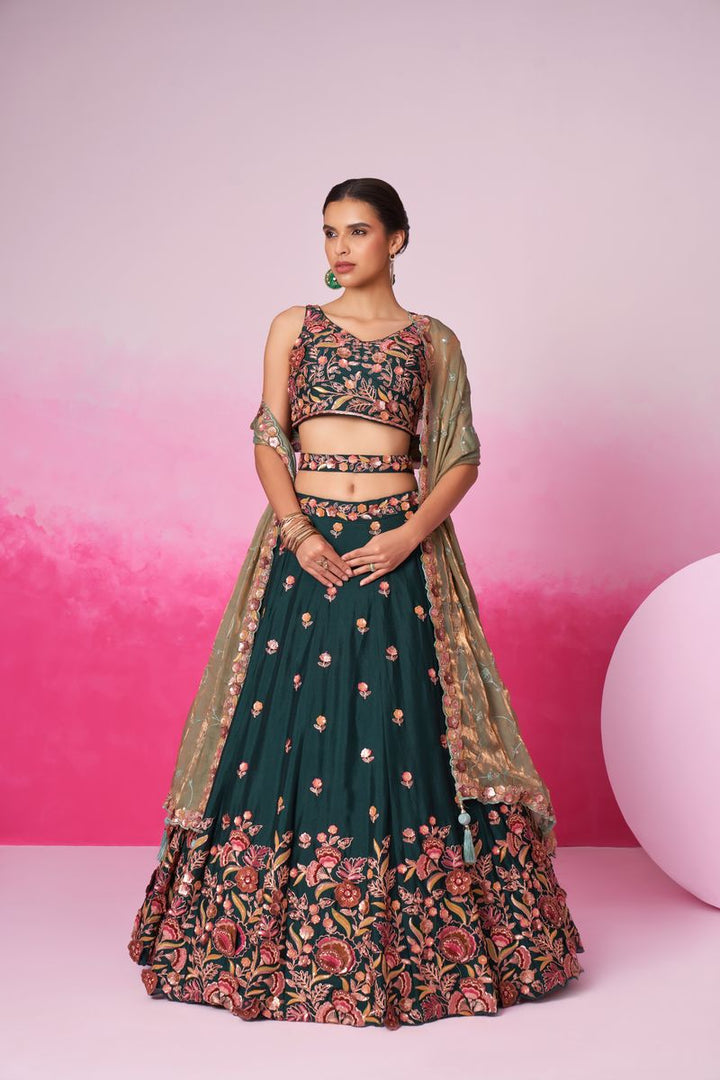 Green colour Chiffon Sequins embroidery Semi-Stitched Lehenga choli & Dupatta